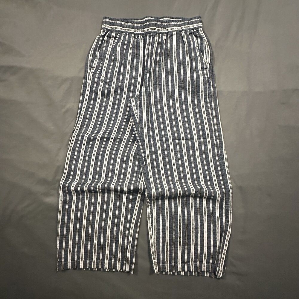 Old Navy Linen Blend Pants Womens M Wide Leg Striped Blue Slacks Costal Beach